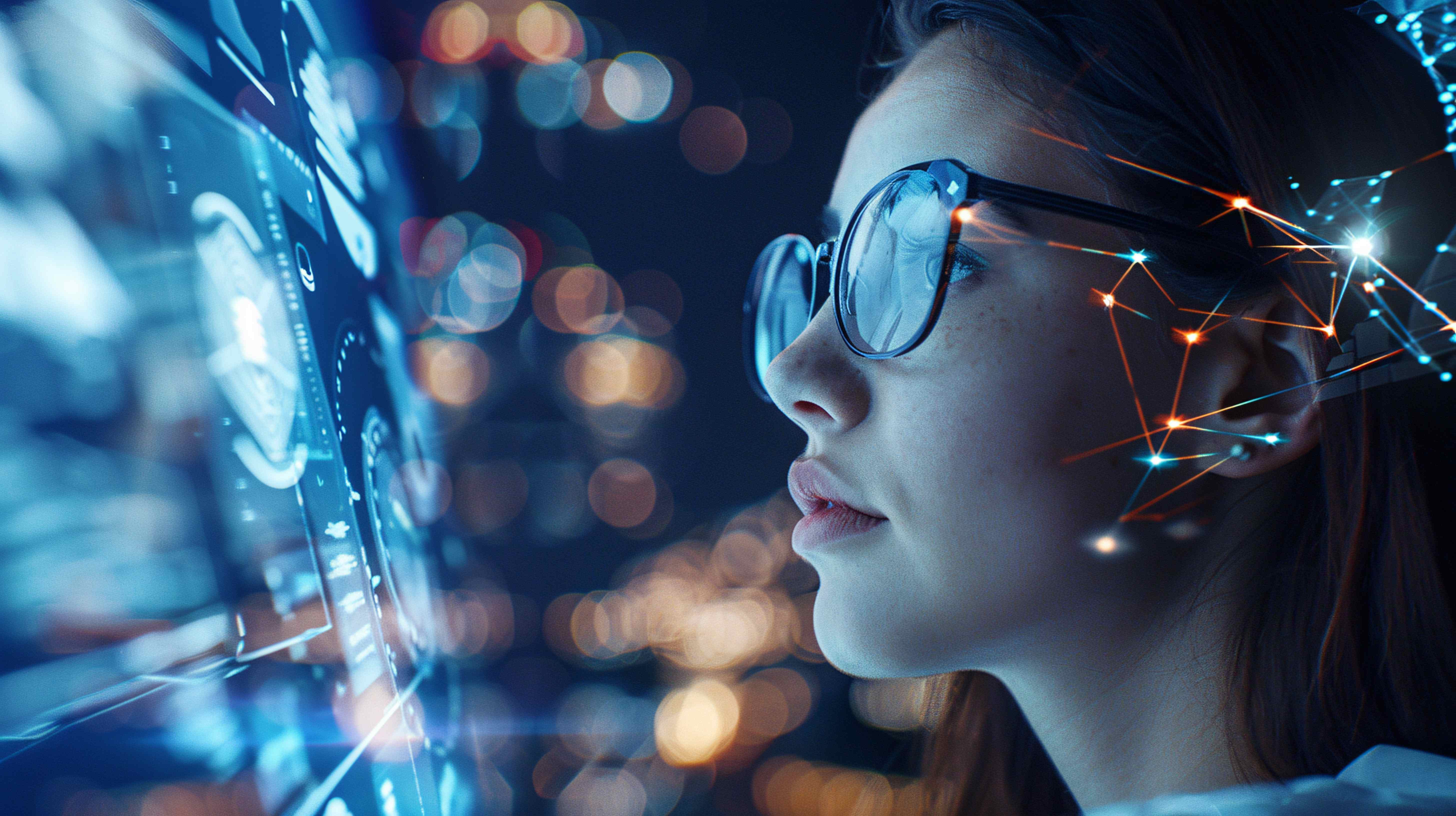 Mulher usando tecnologia de IA e realidade virtual - Domínia Sales