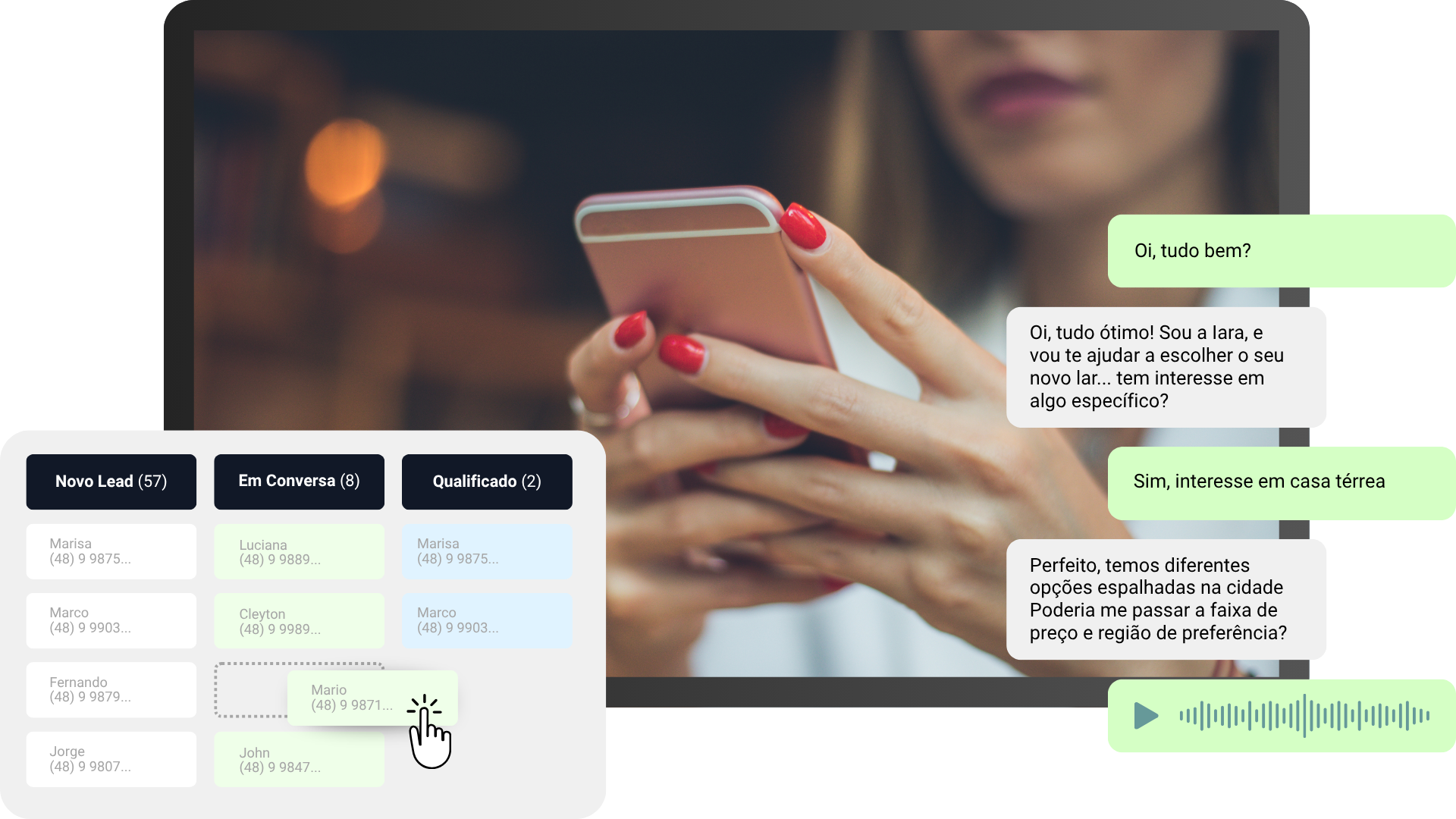 Interface móvel da Domínia Sales - Sistema de gestão de leads com IA conversacional